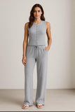 Ribbed Button Detail Sleeveless Top & Wide Leg Trouser Co-Ord Set