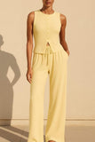 Ribbed Button Detail Sleeveless Top & Wide Leg Trouser Co-Ord Set
