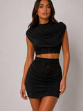 Draped High Neck Lace Detail Top & Skirt Co-Ord Set