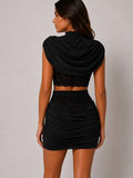 Draped High Neck Lace Detail Top & Skirt Co-Ord Set