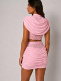 Draped High Neck Lace Detail Top & Skirt Co-Ord Set