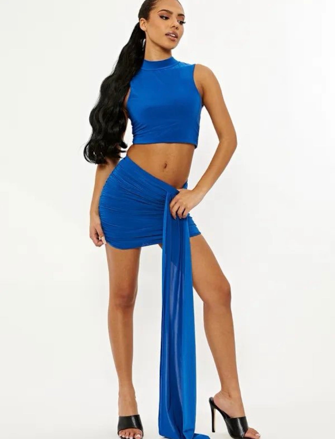 Ruched Mini Skirt With Drape & Cropped Top Co-Ord