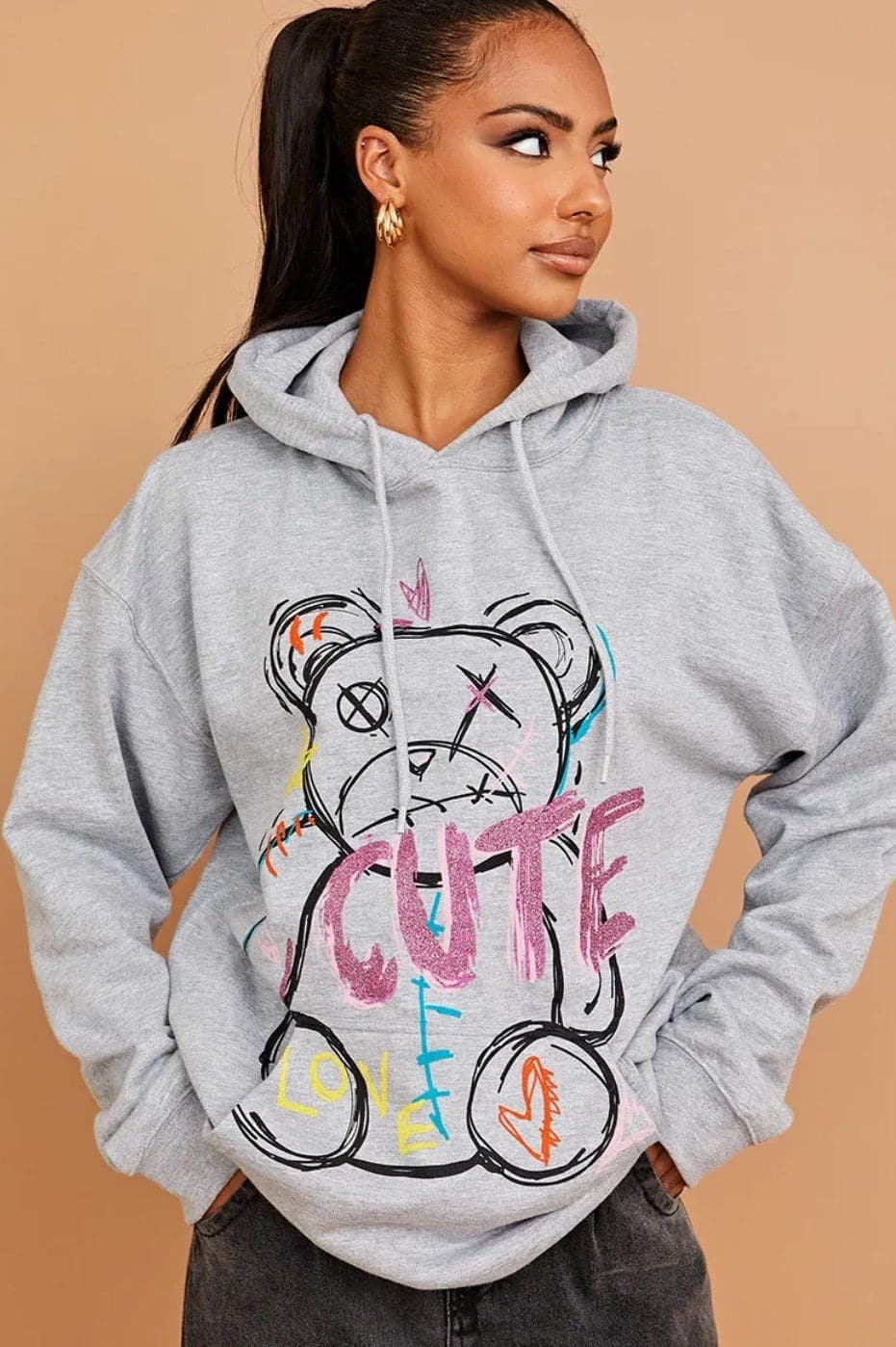 Hoodie Sweatshirt Grey Cute Teddy Graphics - Premium Hoodie Sweatshirt from justgal - Just £16.99! Shop now at justgal