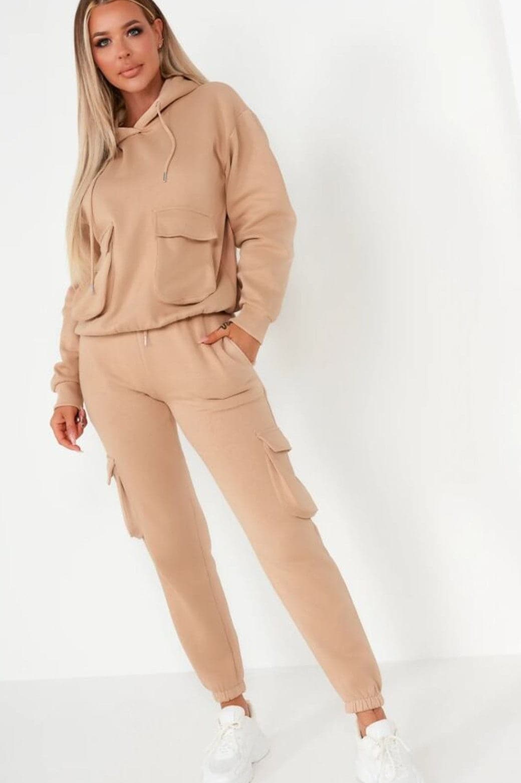 Beige Cargo Pocket Hoodie Sweatshirt & Jogger Co-ord Set - Premium Loungewear Sets from justgal - Just £24.99! Shop now at justgal