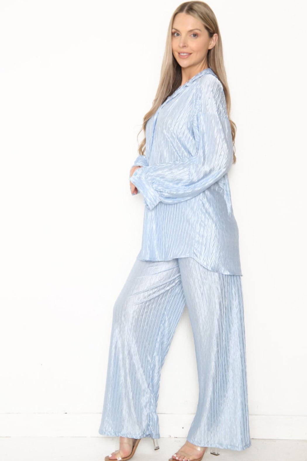 Long Crinkle Shirt & Straight Trouser Loungewear Set - Premium Loungewear Sets from justgal - Just £29.99! Shop now at justgal