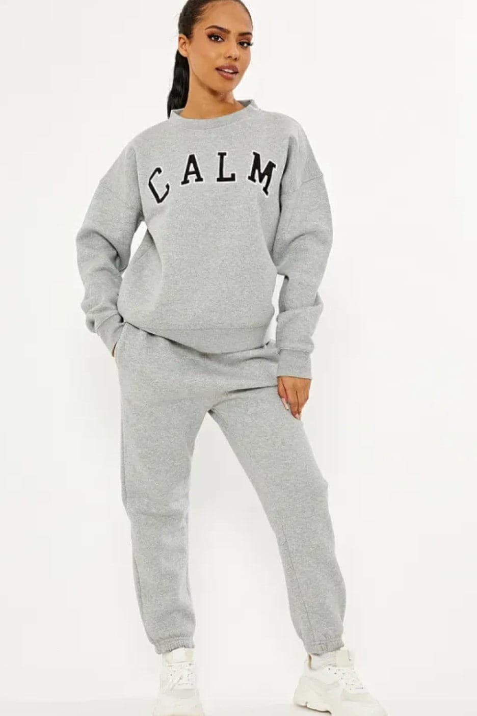 Embroidered Calm Logo Crew Neck Fleece Sweatshirt & Jogger Loungewear Set - Premium Loungewear Sets from justgal - Just £26.99! Shop now at justgal