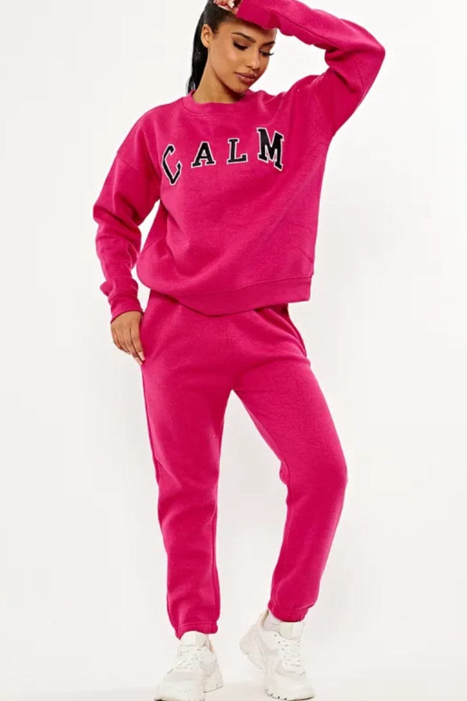 Embroidered Calm Logo Crew Neck Fleece Sweatshirt & Jogger Loungewear Set - Premium Loungewear Sets from justgal - Just £26.99! Shop now at justgal