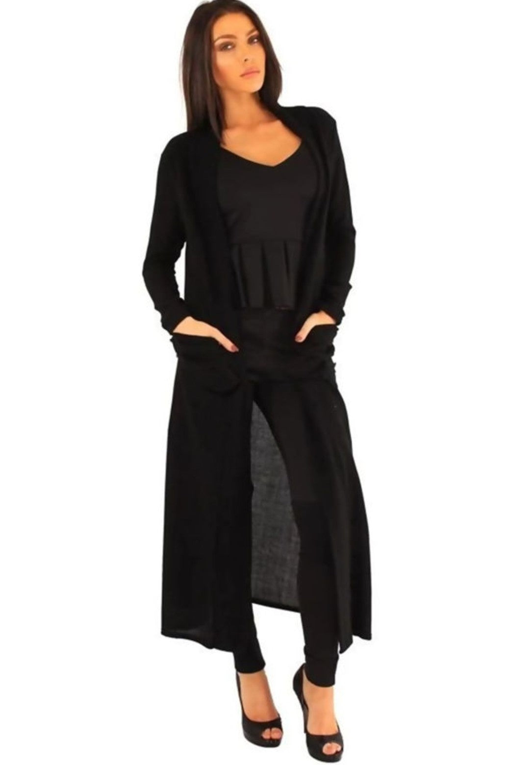 Ruched Pocket Longline Knitted Cardigan