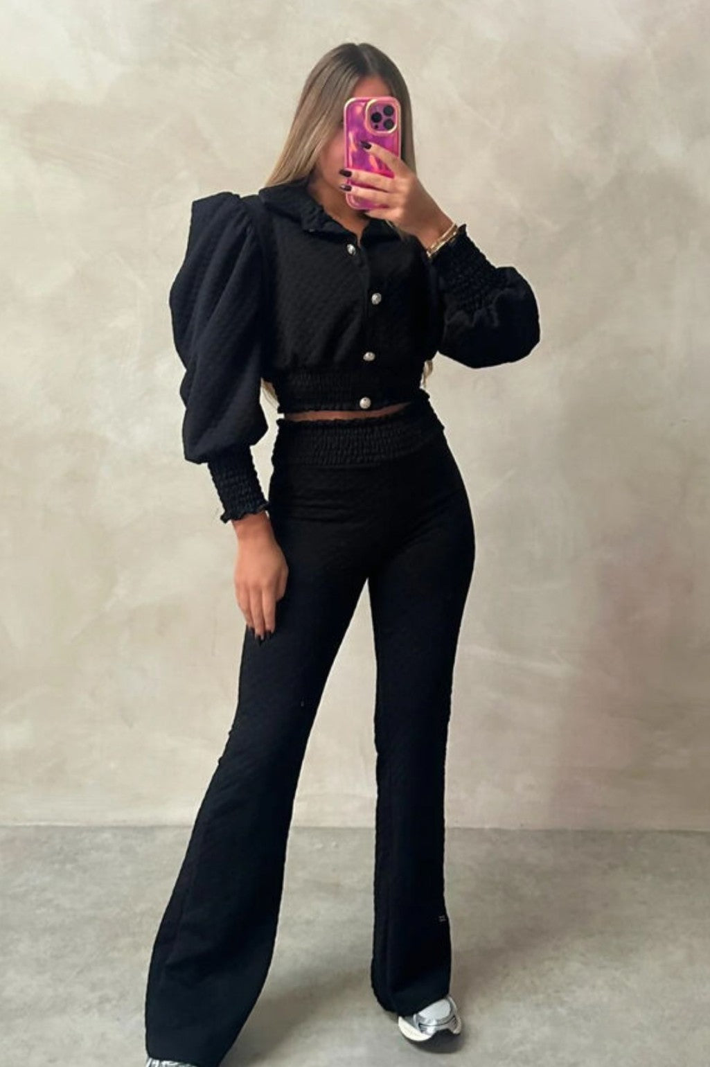 Quilted Cropped Puff Sleeve Top & Trouser Co-Ord Set