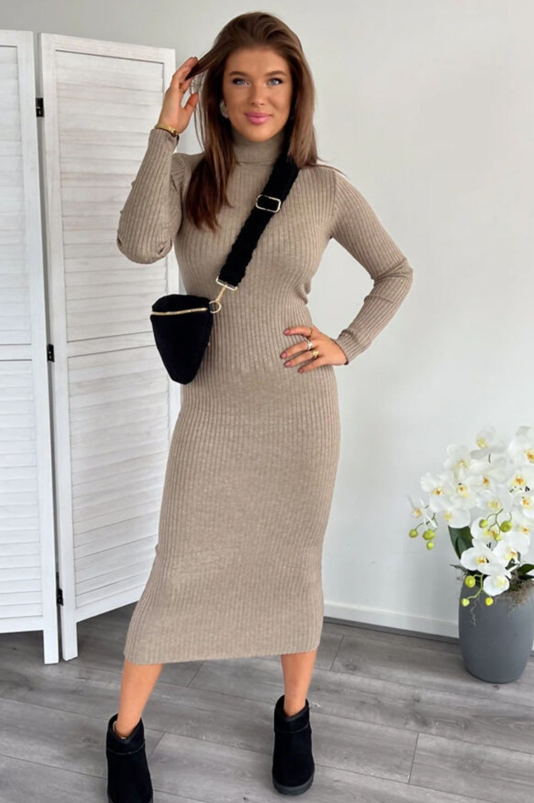 Knitted Roll Neck Ribbed Maxi Dress