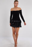 Off Shoulder Satin Frill Mini Dress