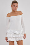 Off Shoulder Satin Frill Mini Dress