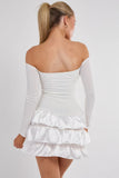 Off Shoulder Satin Frill Mini Dress