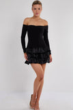 Off Shoulder Satin Frill Mini Dress