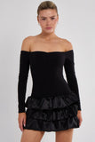 Off Shoulder Satin Frill Mini Dress