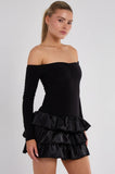 Off Shoulder Satin Frill Mini Dress