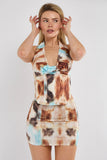 Printed Cowl Neck Slinky Top & Mini Skirt Co-Ord