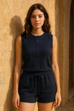 Ribbed Button Up Sleeveless Top & Shorts Co-Ord Set
