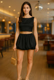 Satin Cropped Top & Puffball Mini Skirt Co-Ord