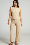 Ribbed Button Detail Sleeveless Top & Wide Leg Trouser Co-Ord Set