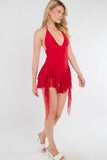 Halter Neck Slinky Frill Mini Bodysuit Dress