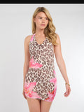 Leopard & Floral Print Halter Neck Mini Dress