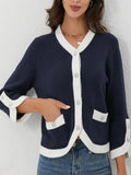 Knitted Contrast Trim ,Button Detail Cardigan