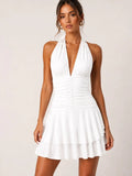 Halter Neck Ruched Frill Mini Dress
