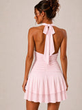 Halter Neck Ruched Frill Mini Dress
