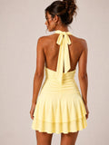Halter Neck Ruched Frill Mini Dress