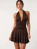 Halter Neck Ruched Frill Mini Dress