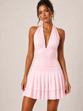 Halter Neck Ruched Frill Mini Dress
