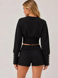 Button Up Sweatshirt & Folded Waist Shorts