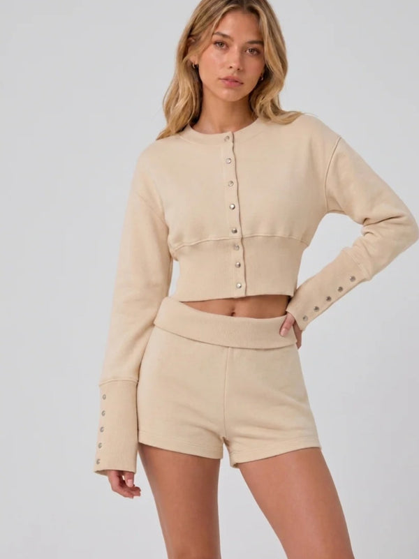 Button Up Sweatshirt & Folded Waist Shorts