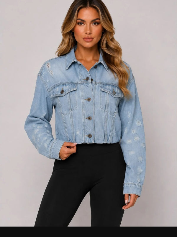 Light Wash Distressed Cropped Denim Jacket