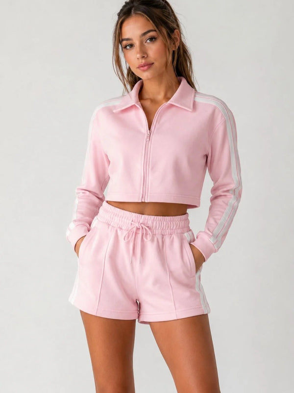 Sporty Side Stripe Detail Zip Up Top & Shorts Co-Ord Set