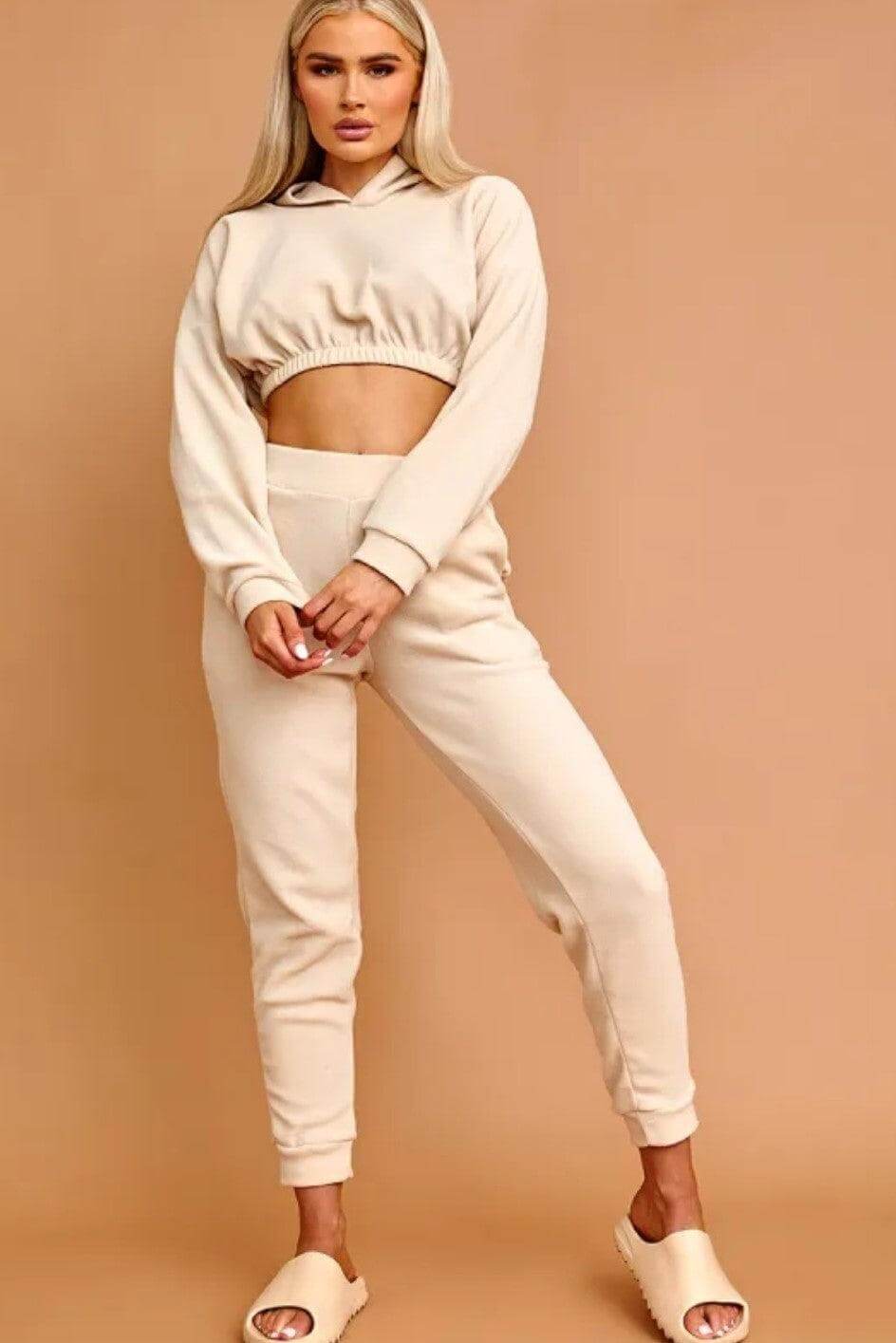 Beige Cropped Fleece Hoodie Top & Jogger Pants Loungewear Set - Premium Loungewear Sets from justgal - Just £24.99! Shop now at justgal