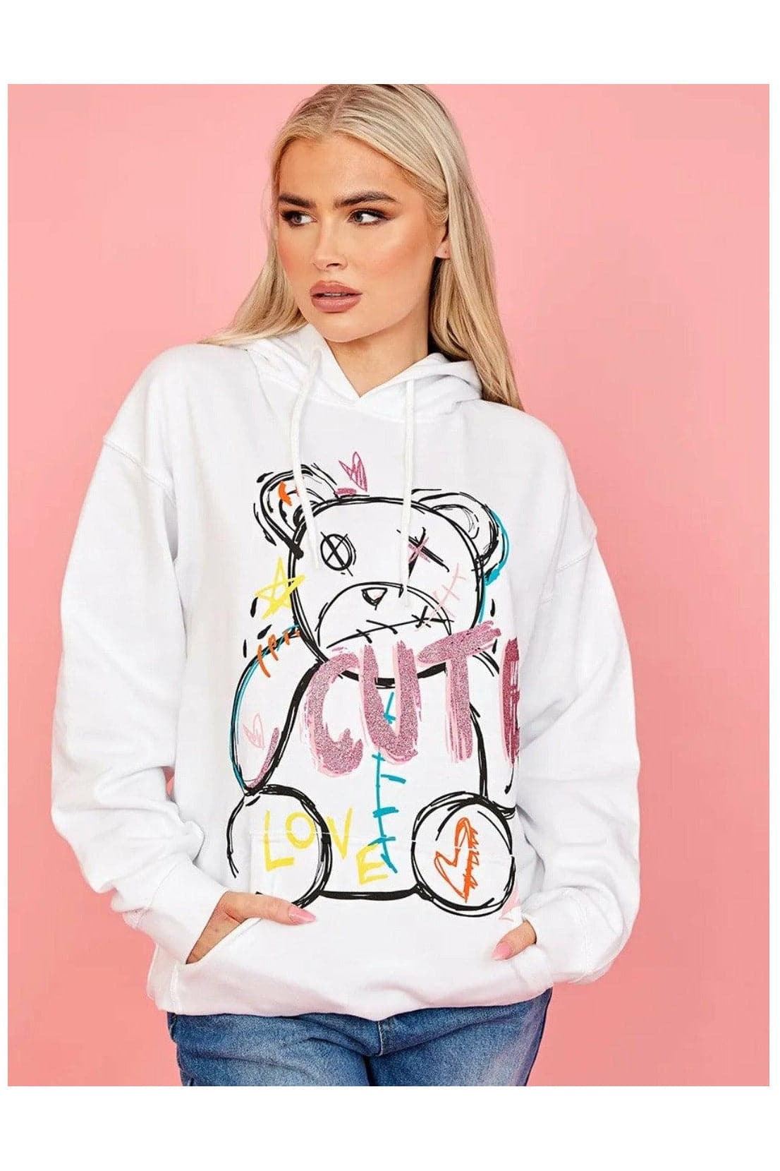 Hoodie Sweatshirt White Cute Teddy Graphics - Premium Hoodie Sweatshirt from justgal - Just £16.99! Shop now at justgal
