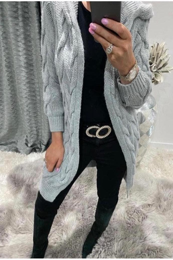 Knitted Chunky Knit Long Sleeve Cardigan With Hood - Premium  from justgal - Just £28.99! Shop now at justgal