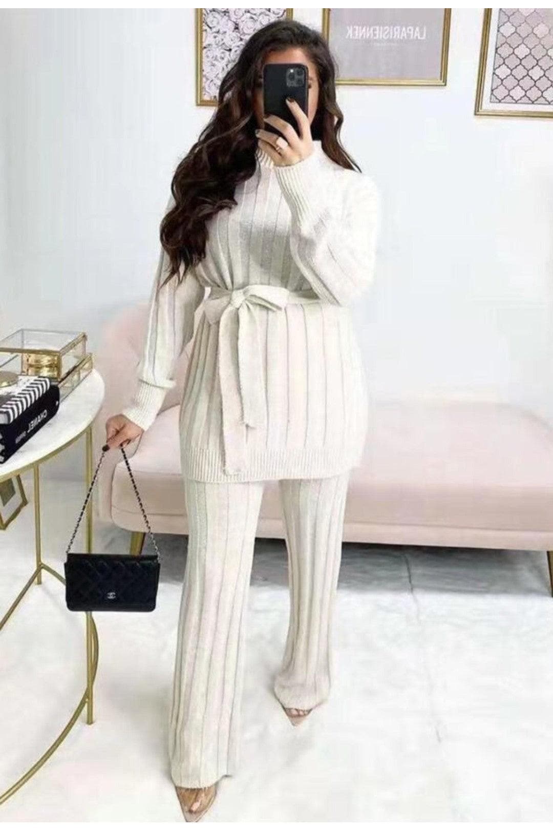 Knitted Longline Jumper With Tie Belt & Trouser Loungewear Set - Premium Loungewear Sets from justgal - Just £29.99! Shop now at justgal