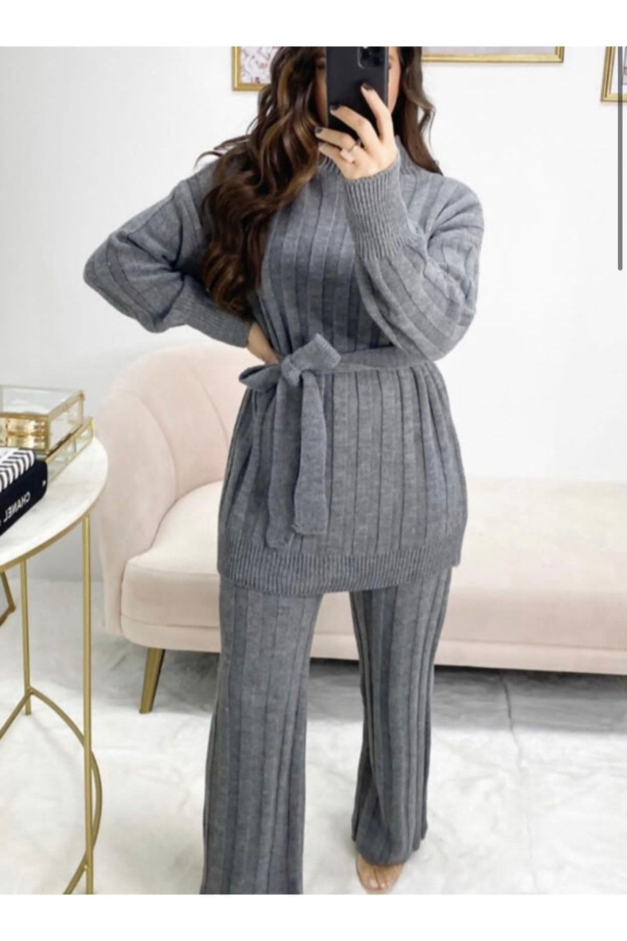 Knitted Longline Jumper With Tie Belt & Trouser Loungewear Set - Premium Loungewear Sets from justgal - Just £29.99! Shop now at justgal