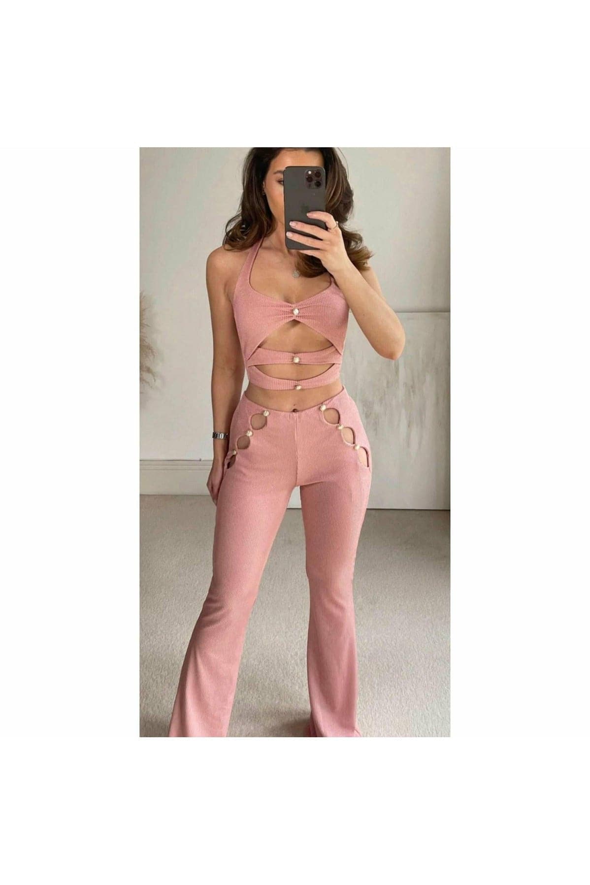 Pink Cut Out Cropped Top & Flared Trouser Co-Ord Set - Premium  from justgal - Just £22.99! Shop now at justgal
