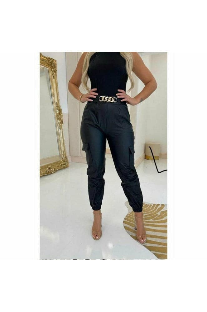 PU Cargo Pocket Trousers With Gold Buckle Detail - Premium Leggings from justgal - Just £16.99! Shop now at justgal